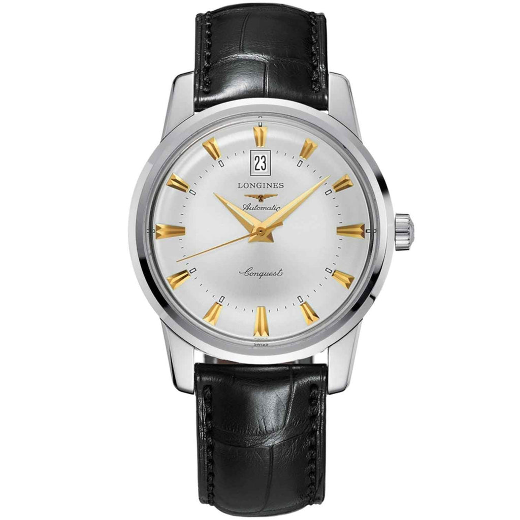 Orologio da uomo con quadrante argento, cinturino in pelle nera e data, acciaio lucido