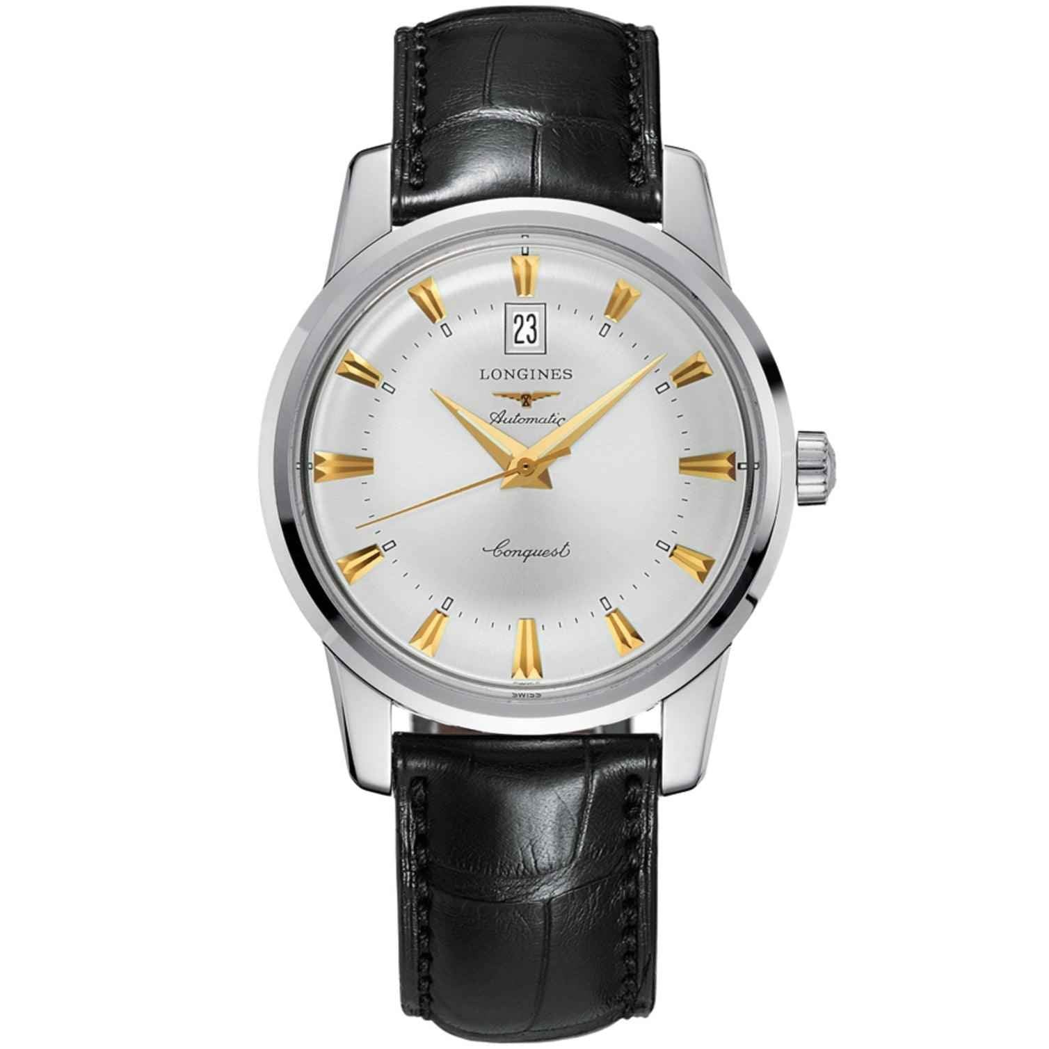 Orologio da uomo con quadrante argento, cinturino in pelle nera e data, acciaio lucido