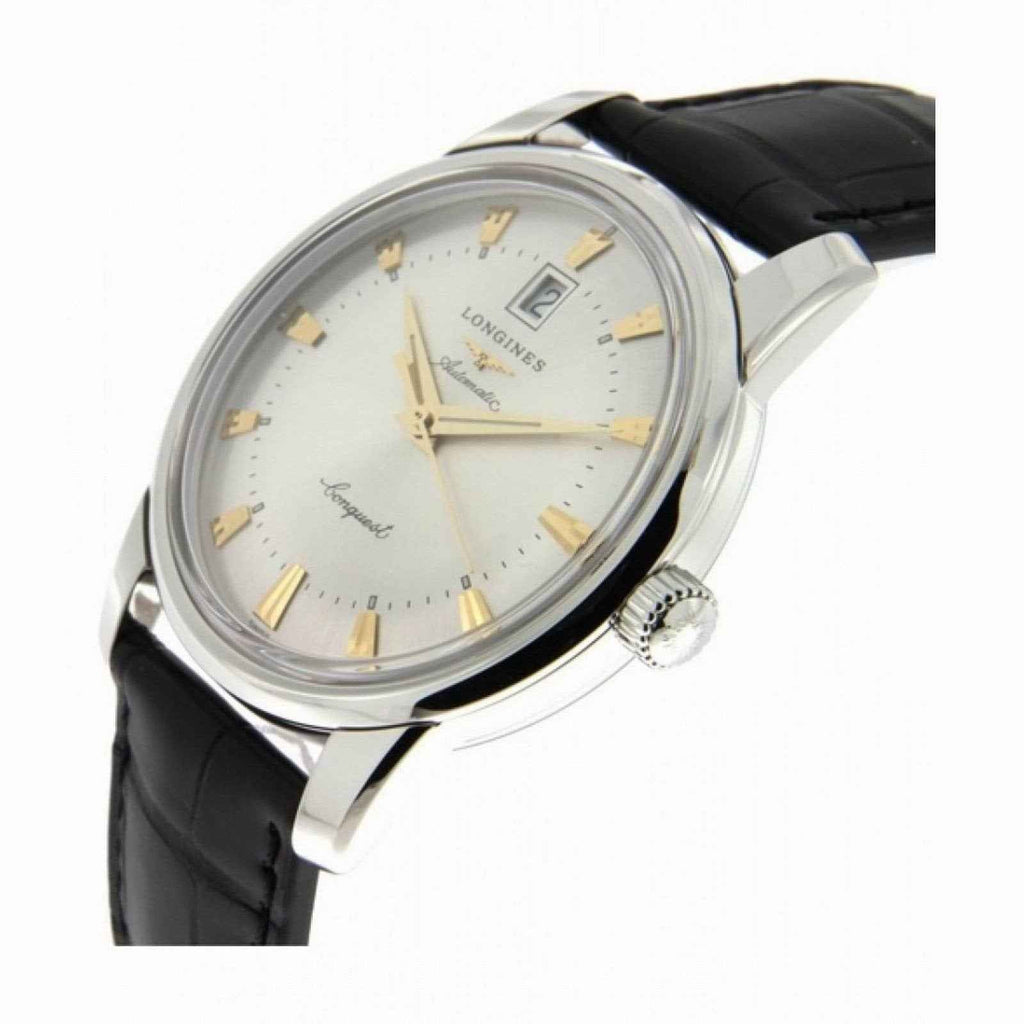 Orologio da uomo quadrante argento con indici dorati e cinturino pelle nera