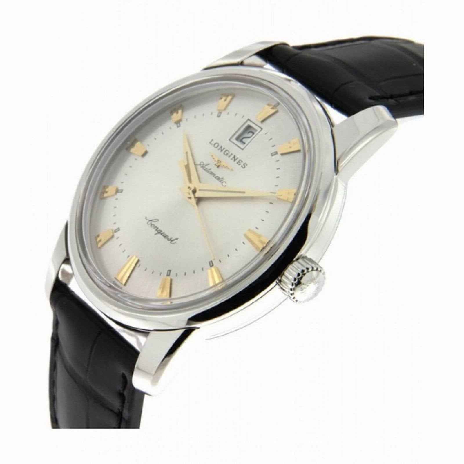 Orologio da uomo quadrante argento con indici dorati e cinturino pelle nera