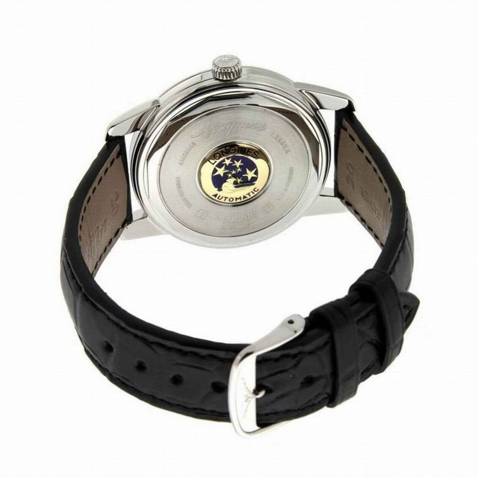Orologio da uomo vista fondello in acciaio con medaglione, cinturino pelle nera