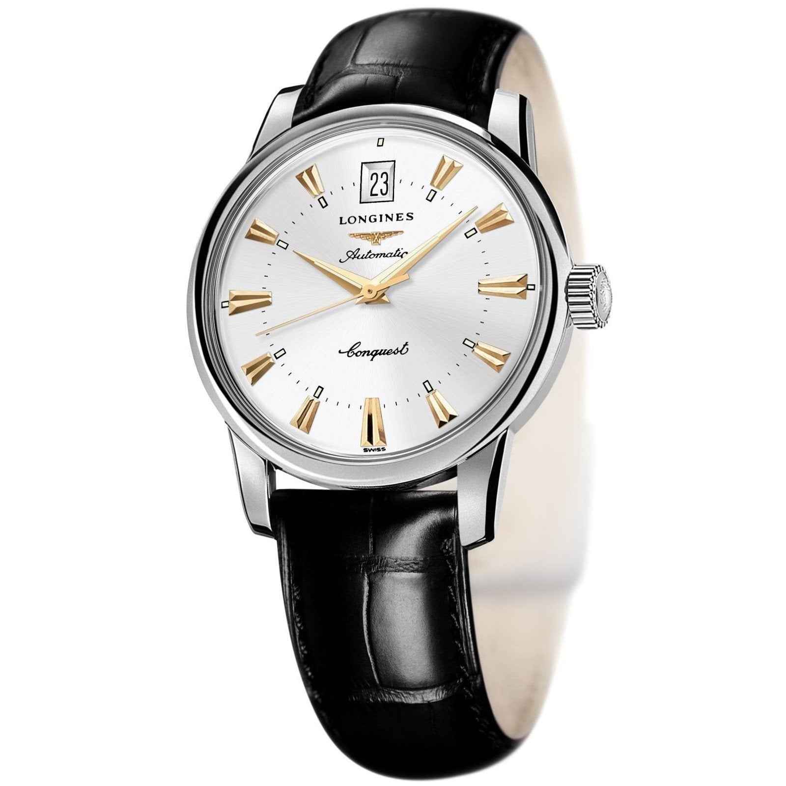 Orologio da uomo con quadrante argento, data 23 e cinturino pelle nera, acciaio