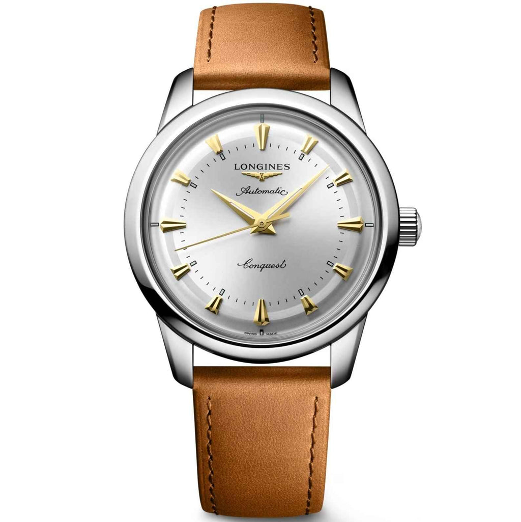 Orologio Longines Conquest: cassa in acciaio, quadrante bianco, lancette dorate, cinturino marrone