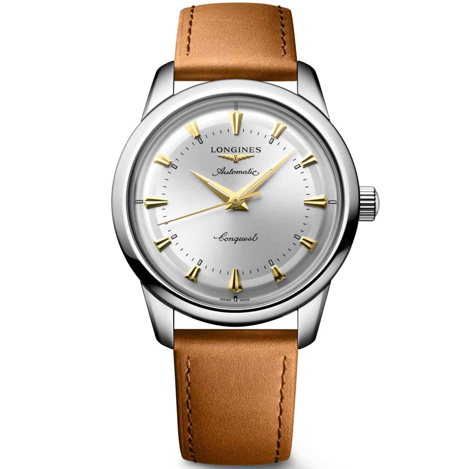 Orologio Longines Conquest: cassa in acciaio, quadrante bianco, lancette dorate, cinturino marrone