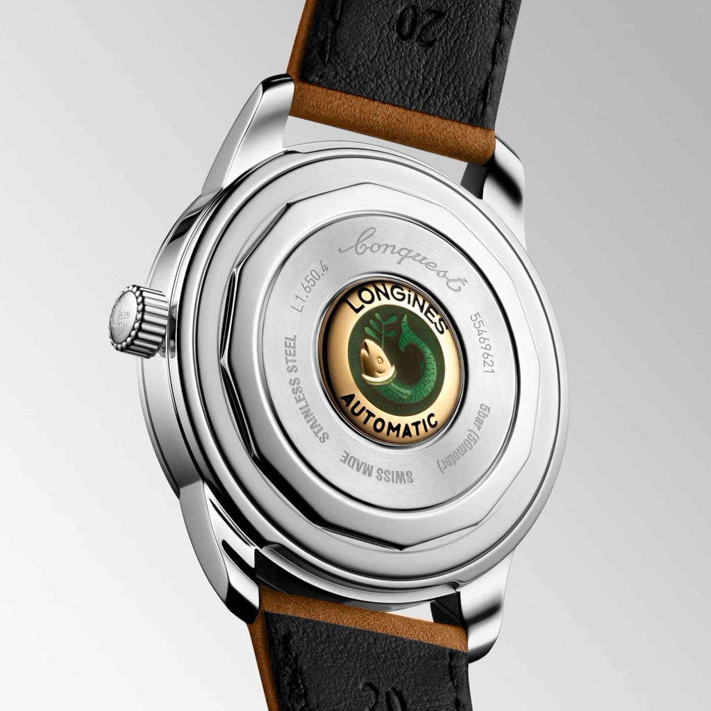 Orologio Longines Conquest: fondello automatico a vista, cassa in acciaio, cinturino marrone