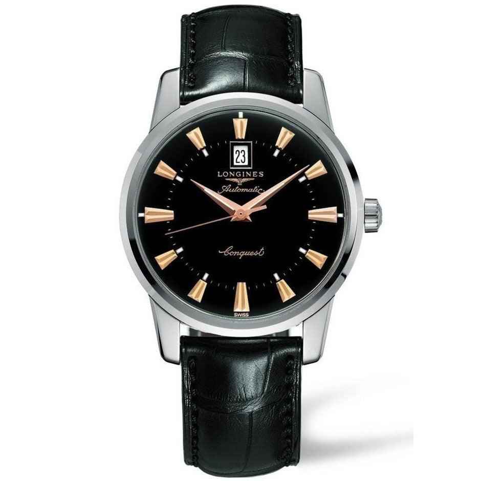 Orologio Longines Conquest con quadrante nero, data 23, cinturino pelle nera, acciaio