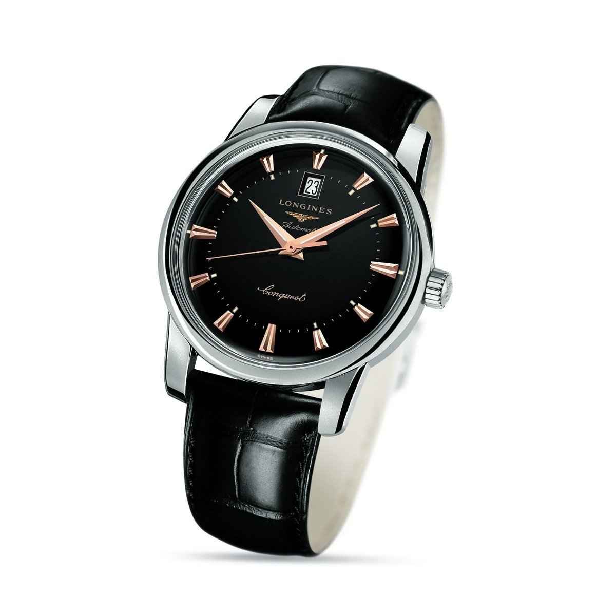 Orologio Longines Conquest, quadrante nero e data 23, cinturino pelle nera, cassa acciaio