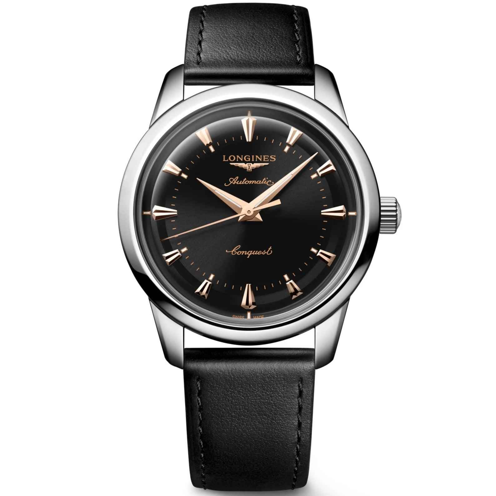 Orologio automatico Longines Conquest in acciaio nero con cinturino in pelle nera