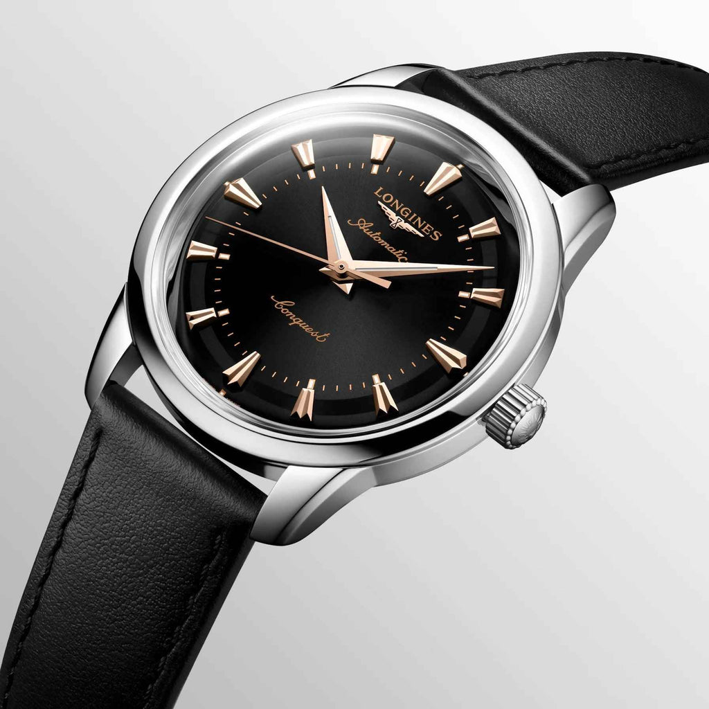 Orologio automatico Longines Conquest 40 mm nero in acciaio con cinturino in pelle nera