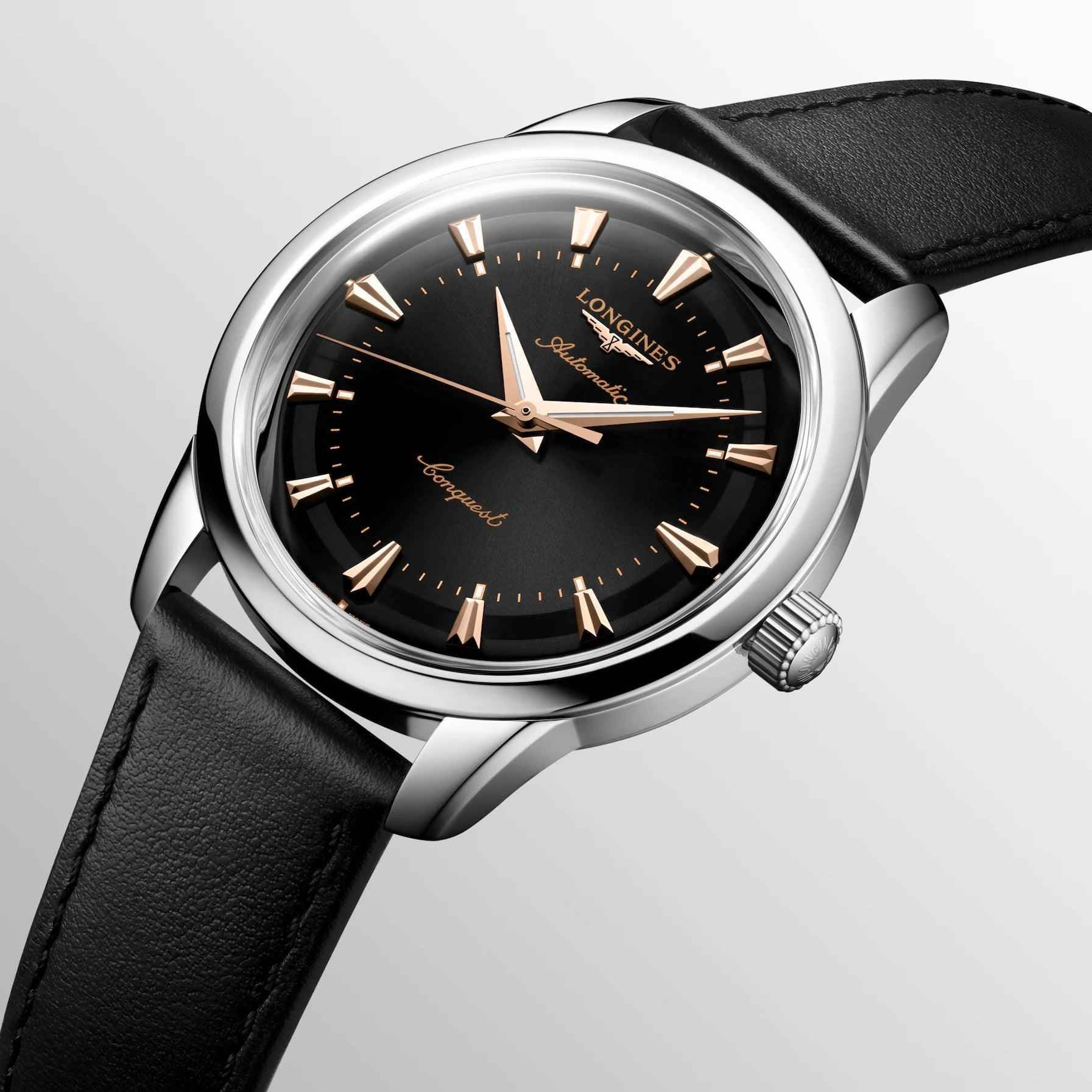 Orologio automatico Longines Conquest 40 mm nero in acciaio con cinturino in pelle nera
