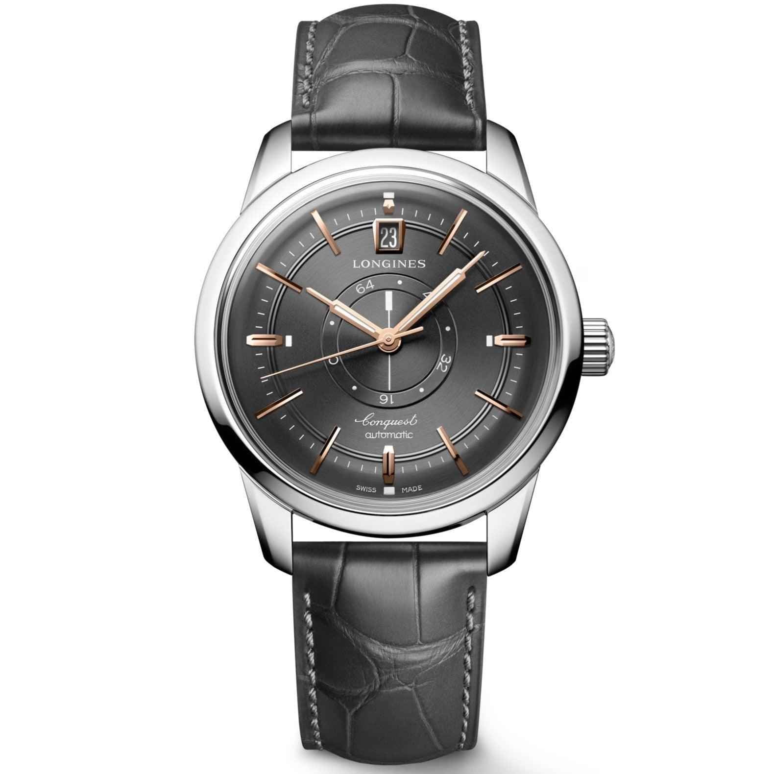 Orologio Longines Conquest Heritage 38 mm, quadrante antracite, cinturino pelle nera
