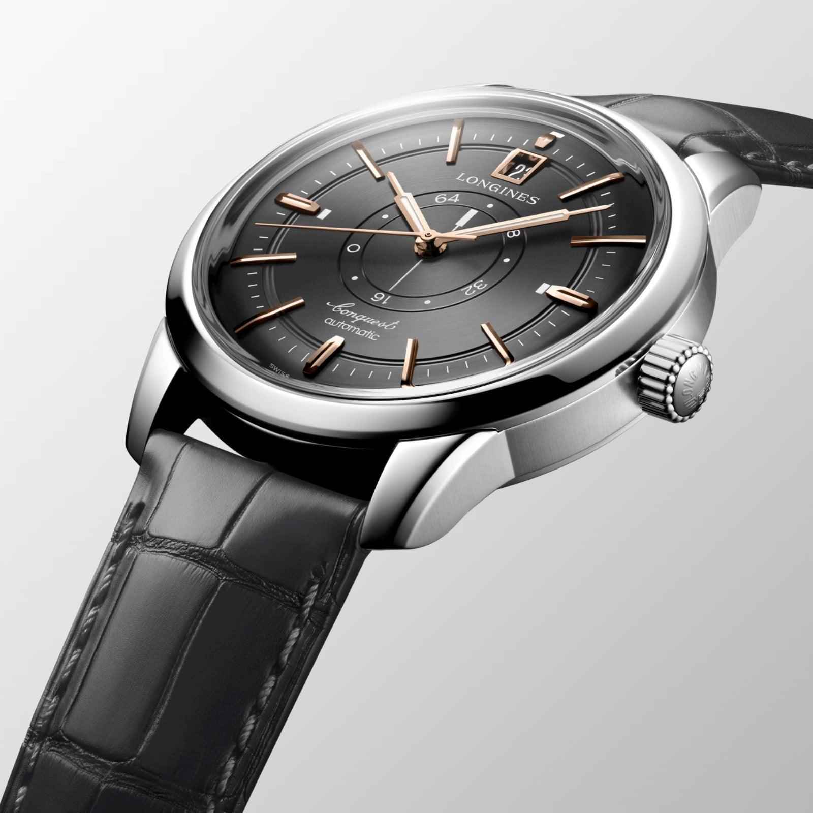 Orologio Longines con quadrante antracite, cassa acciaio e corona laterale, pelle nera