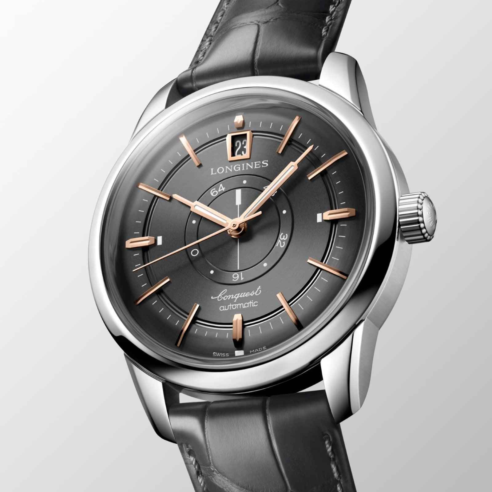 Orologio Longines con quadrante antracite, indici dorati e cinturino pelle nera