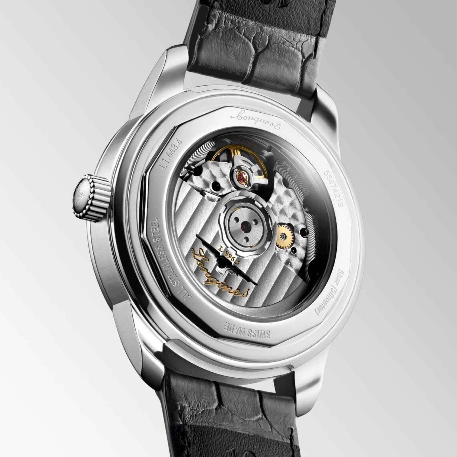 Orologio Longines con fondello a vista del movimento e cinturino pelle nera