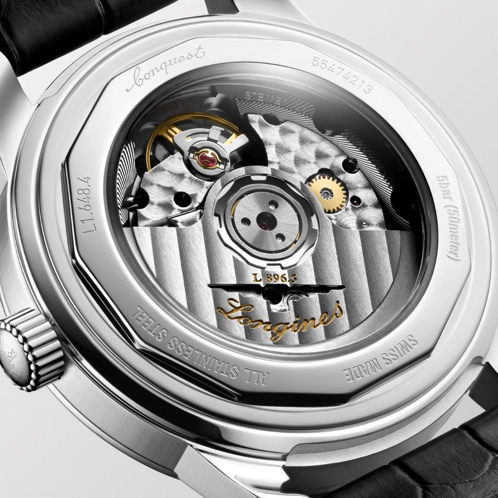 Orologio Longines con fondello trasparente e movimento a vista, bracciale in acciaio