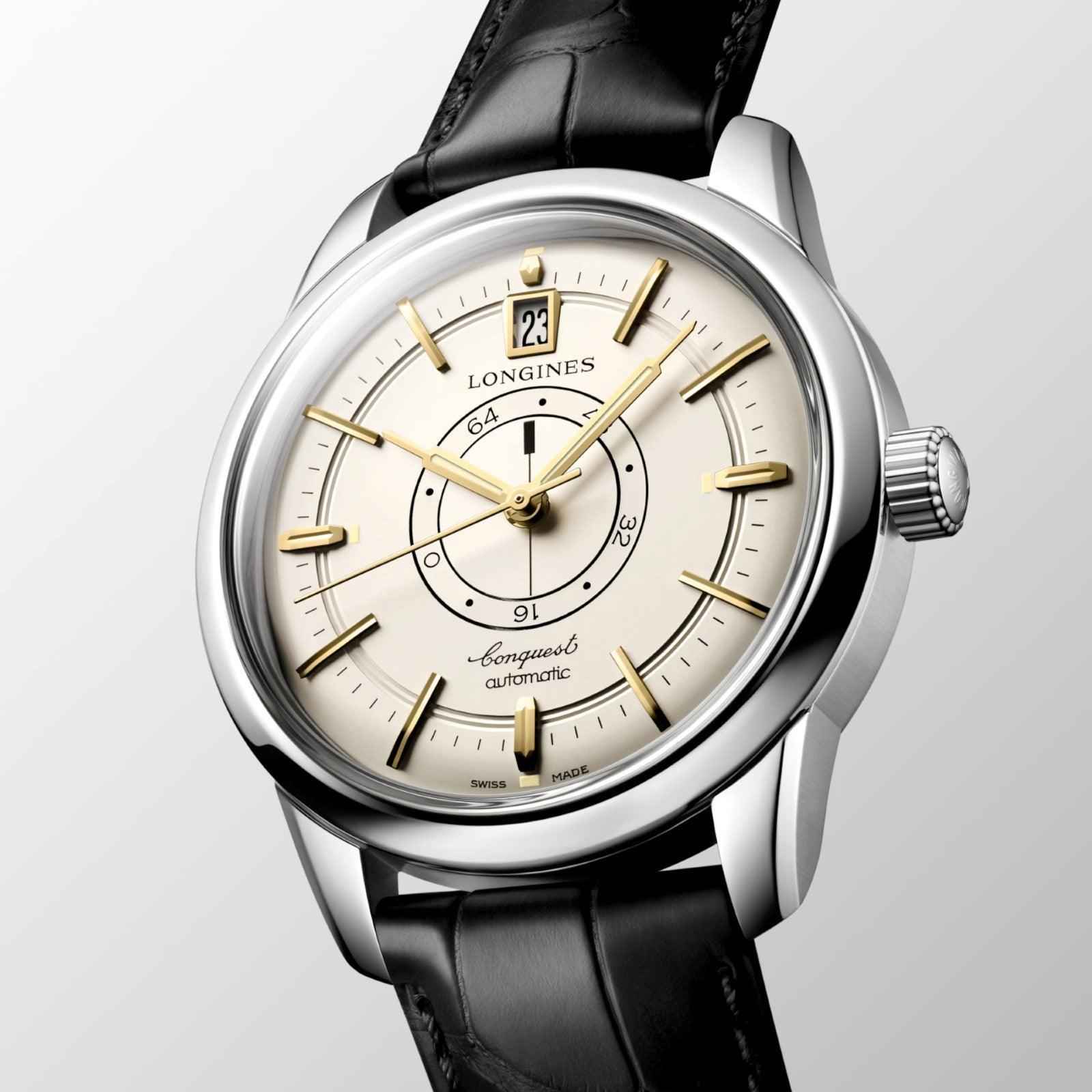 Orologio Longines Conquest 38 mm: quadrante champagne con data, cinturino pelle nera
