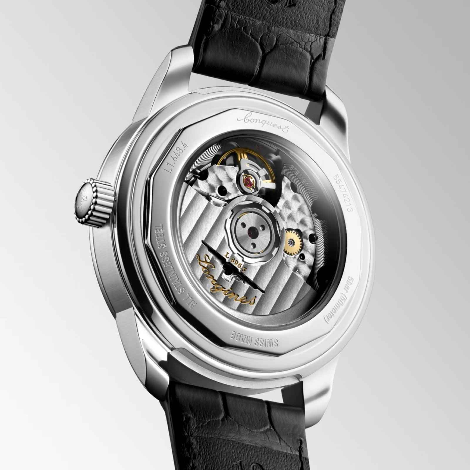 Orologio Longines Conquest 38 mm: fondello a vista con meccanismo automatico, pelle nera