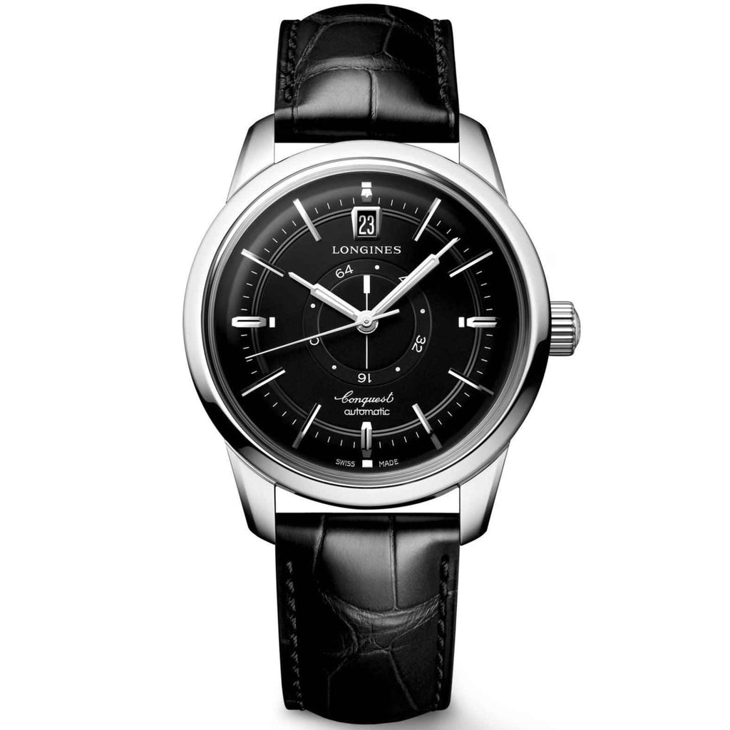 Orologio Longines Conquest Heritage da polso nero, cassa acciaio e cinturino in pelle nera