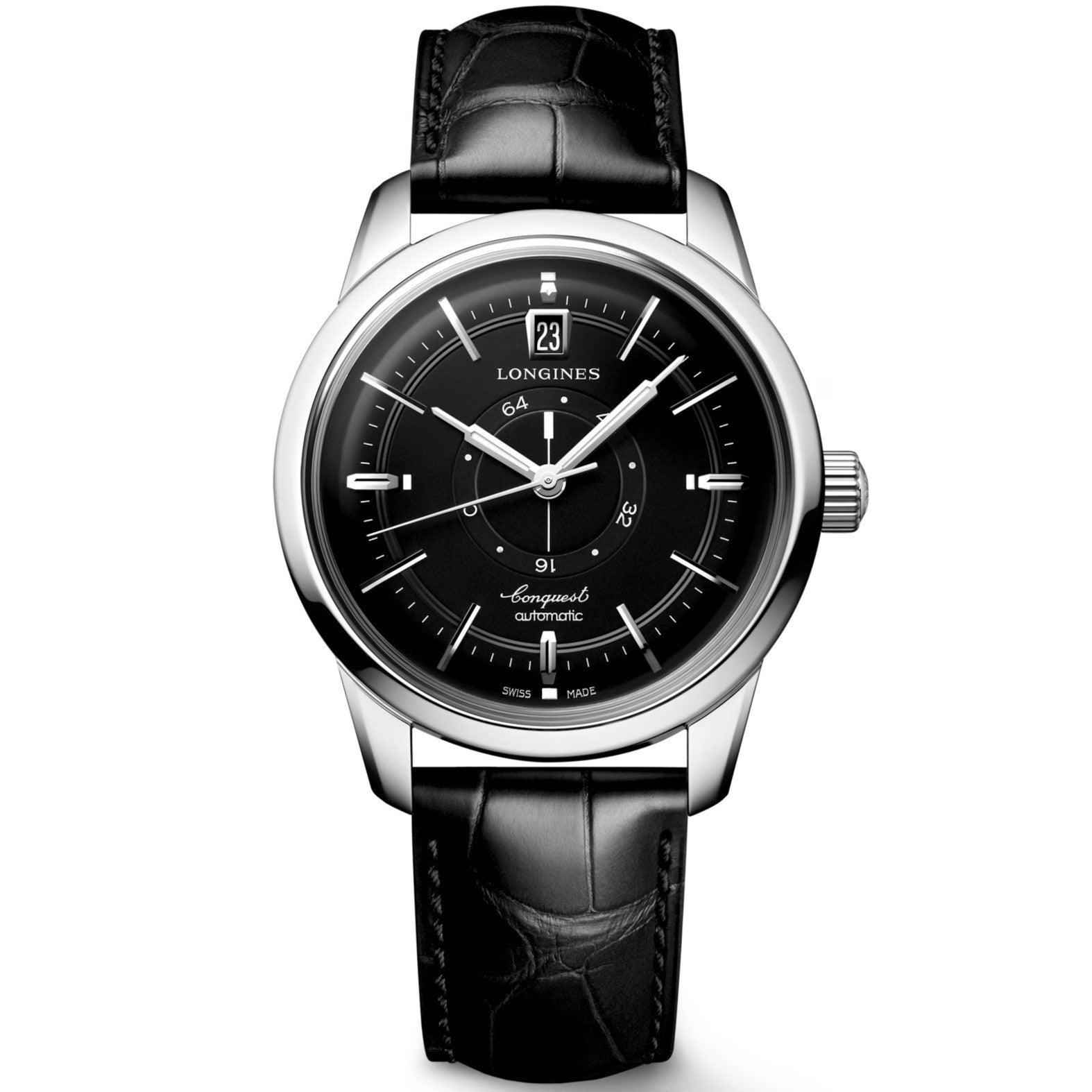 Orologio Longines Conquest Heritage da polso nero, cassa acciaio e cinturino in pelle nera