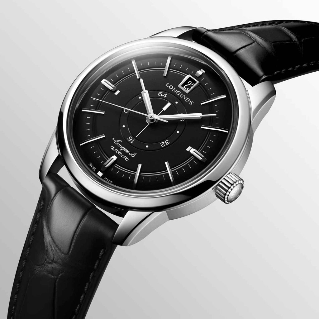 Orologio Longines Conquest Heritage nero, cassa acciaio lucida e cinturino in pelle nera