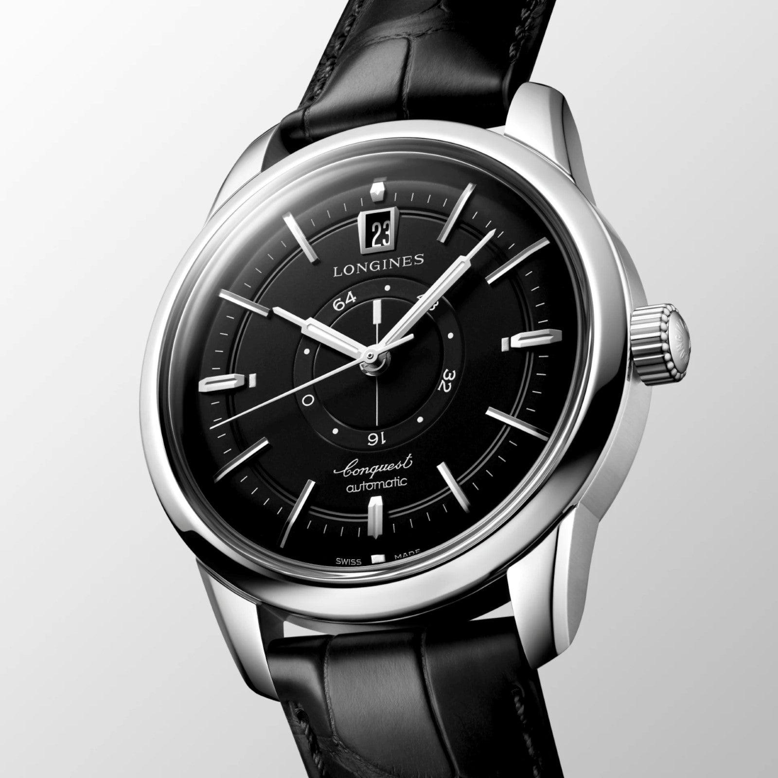 Orologio Longines Conquest automatico: quadrante nero, cassa acciaio e cinturino in pelle