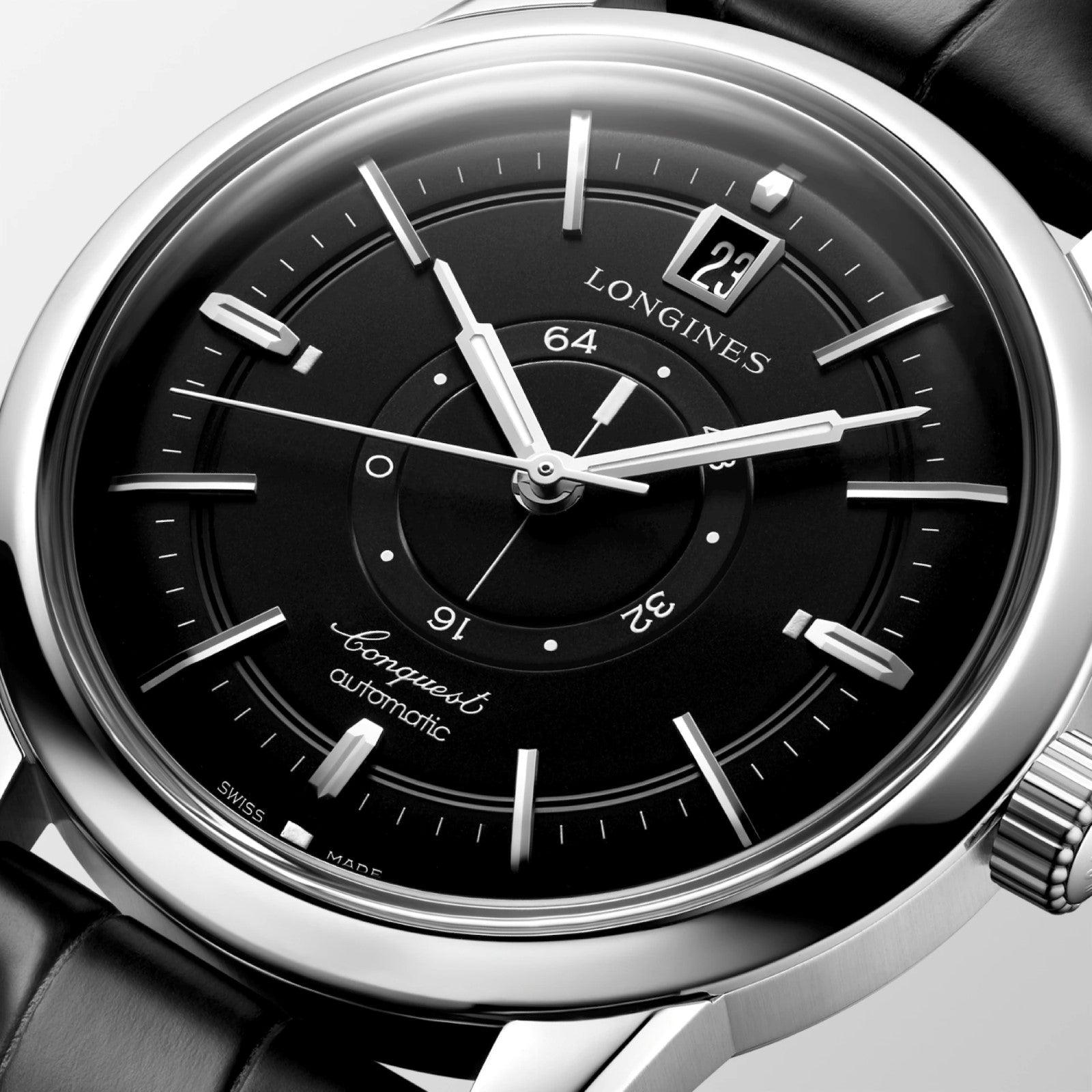 Orologio Longines Conquest: quadrante nero con data e indici in acciaio, cinturino in pelle