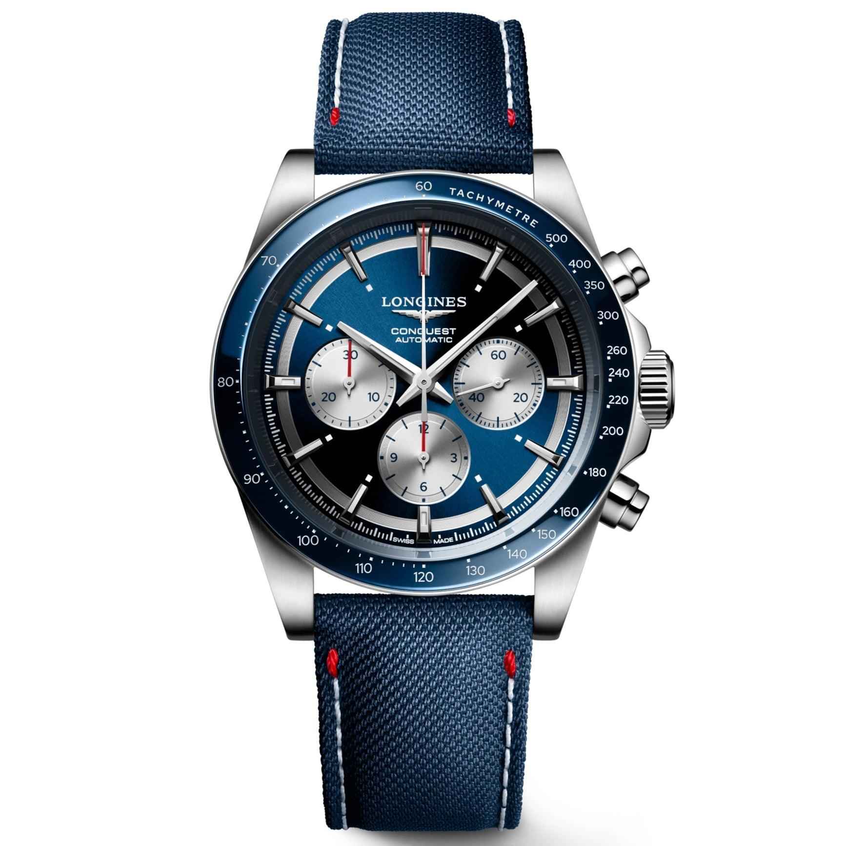 Orologio Longines Conquest Automatic 42mm con quadrante blu e cinturino in tessuto