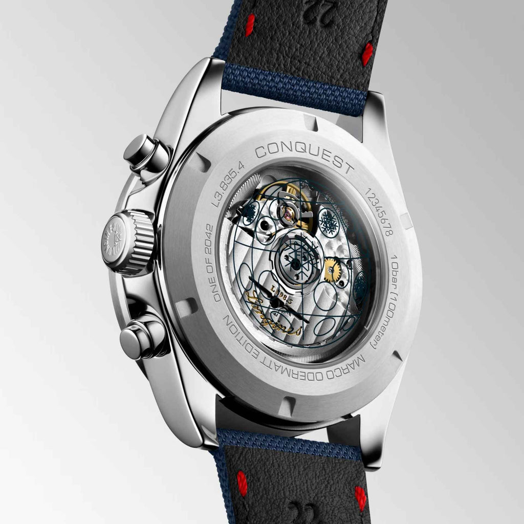 Orologio Longines Conquest Automatic con fondello a vista e cinturino blu