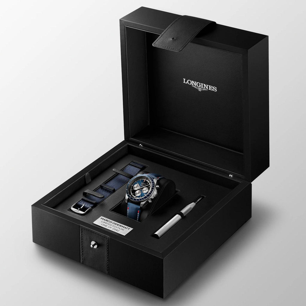 Orologio da polso automatico blu in acciaio con cinturino e scatola Longines