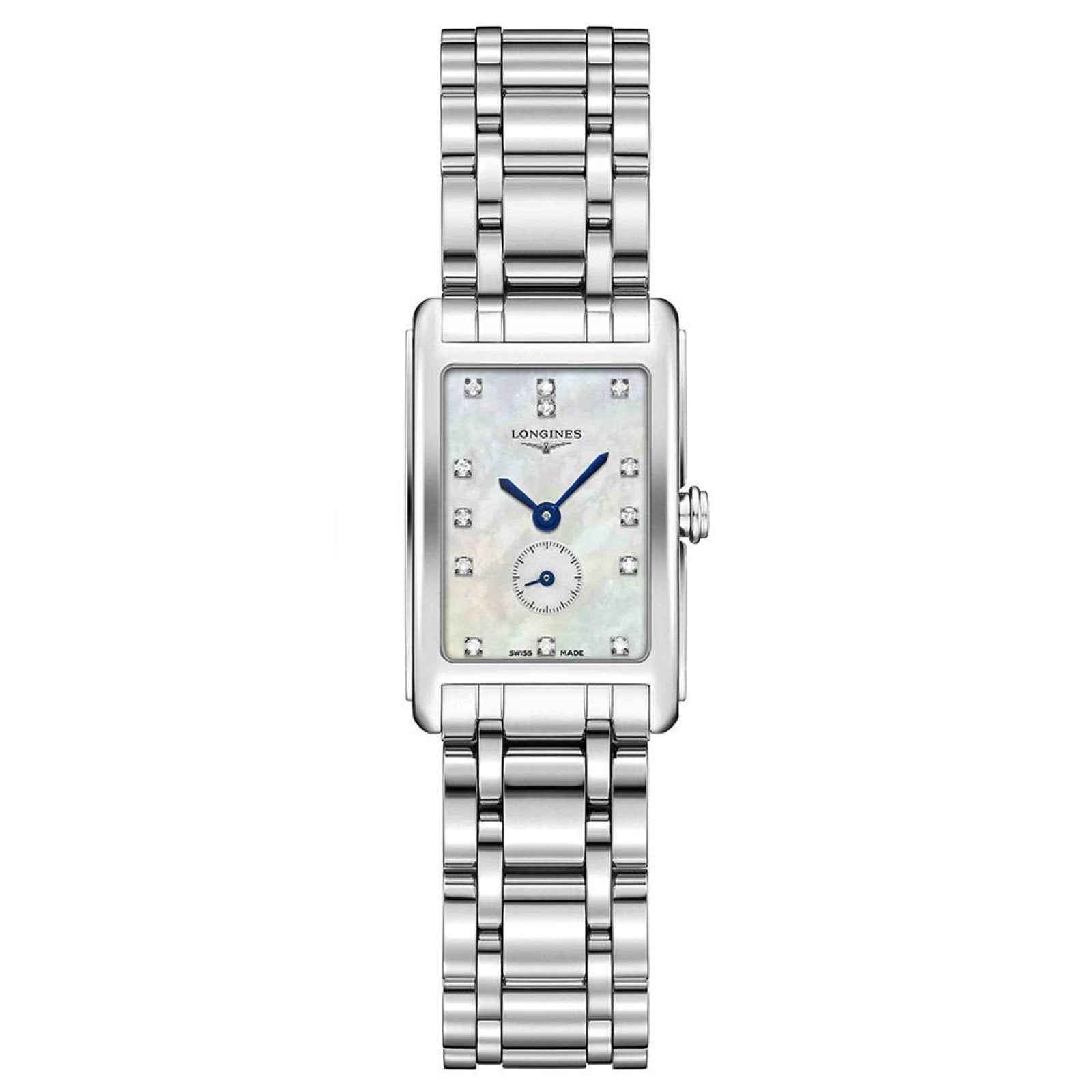 Orologio donna Longines: quadrante madreperla bianco, bracciale d’acciaio rettangolare