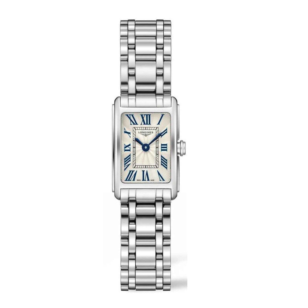 Orologio rettangolare Longines DolceVita argento, quadrante blu con numeri romani