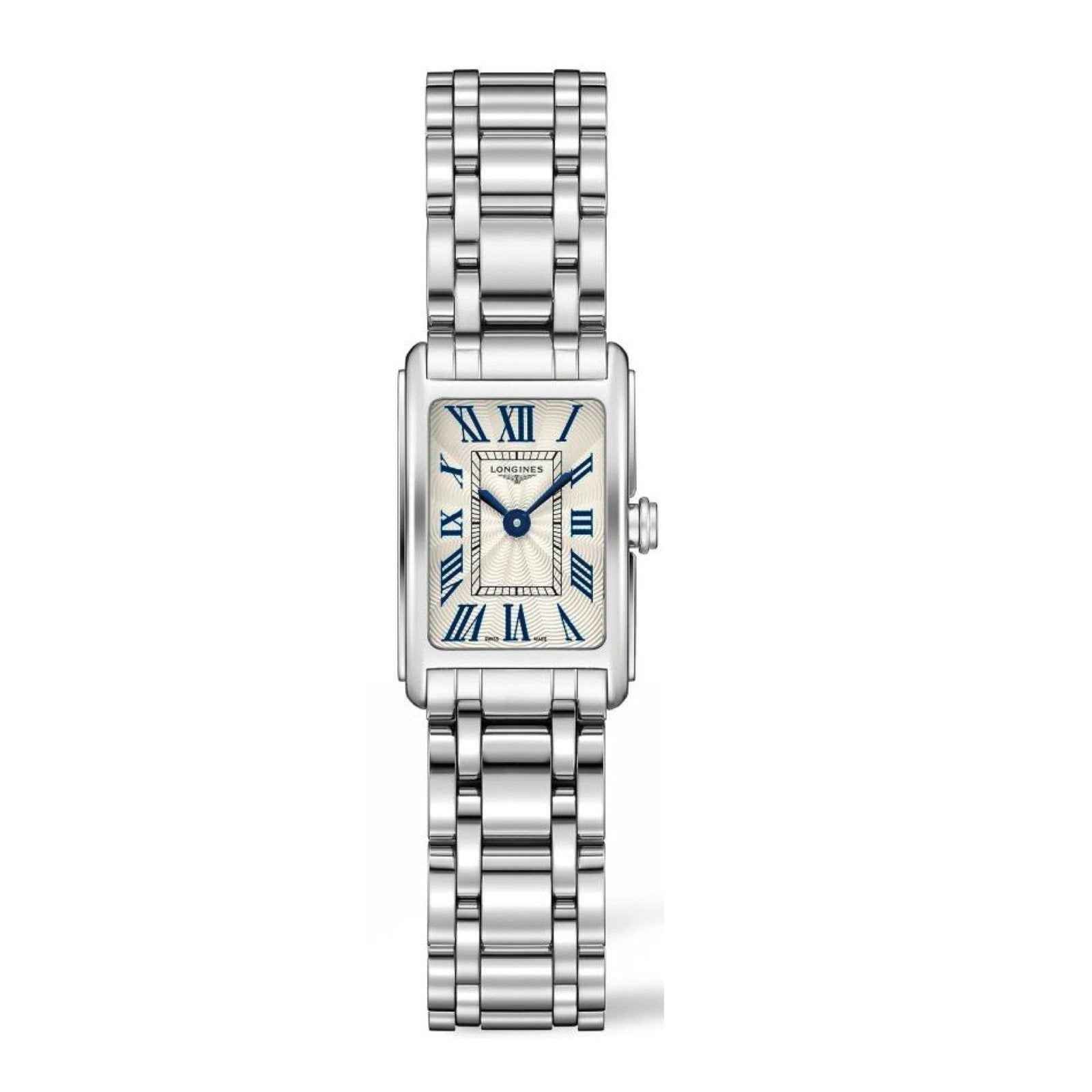 Orologio rettangolare Longines DolceVita argento, quadrante blu con numeri romani