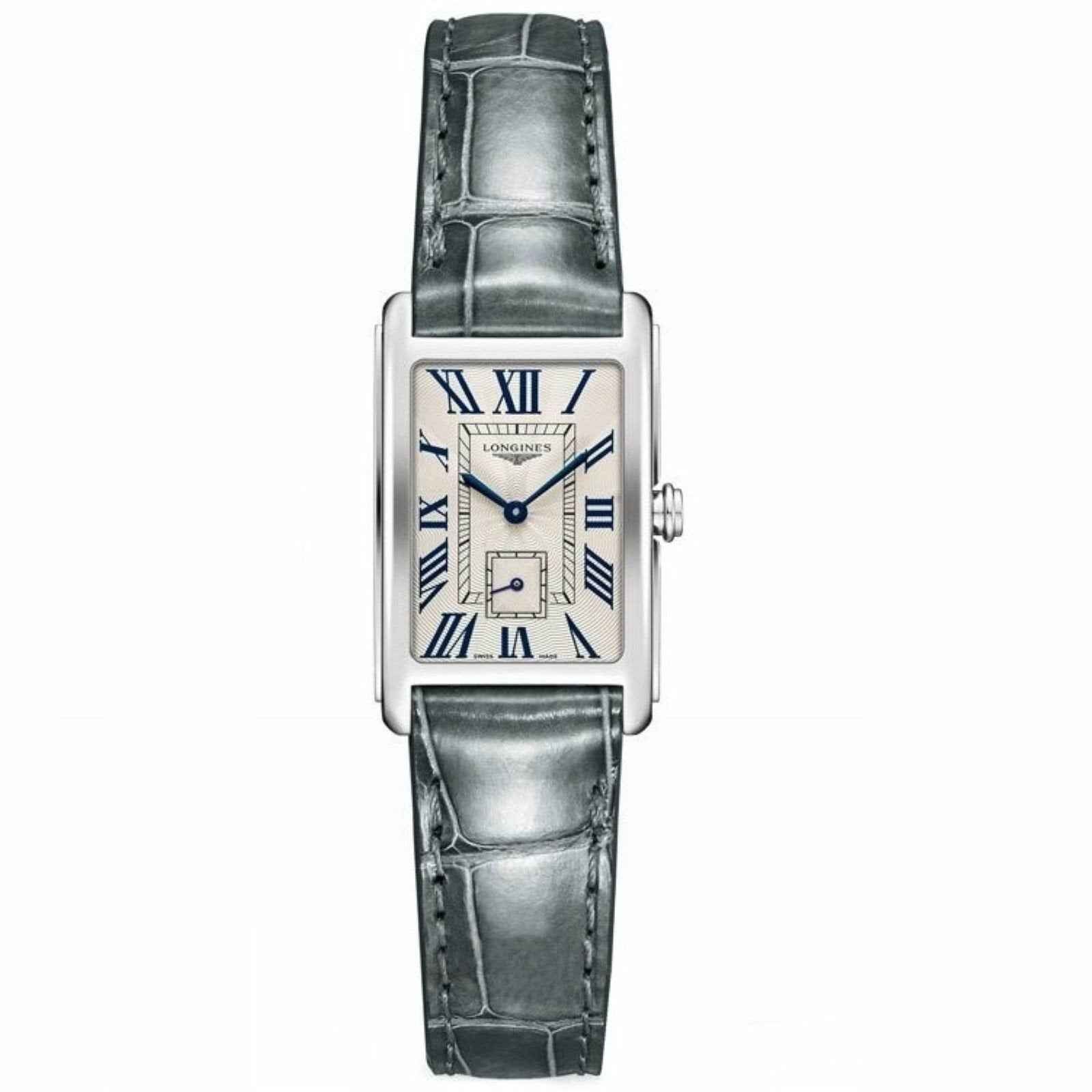 Orologio da polso Longines con cassa rettangolare argento, quadrante blu e cinturino nero in pelle