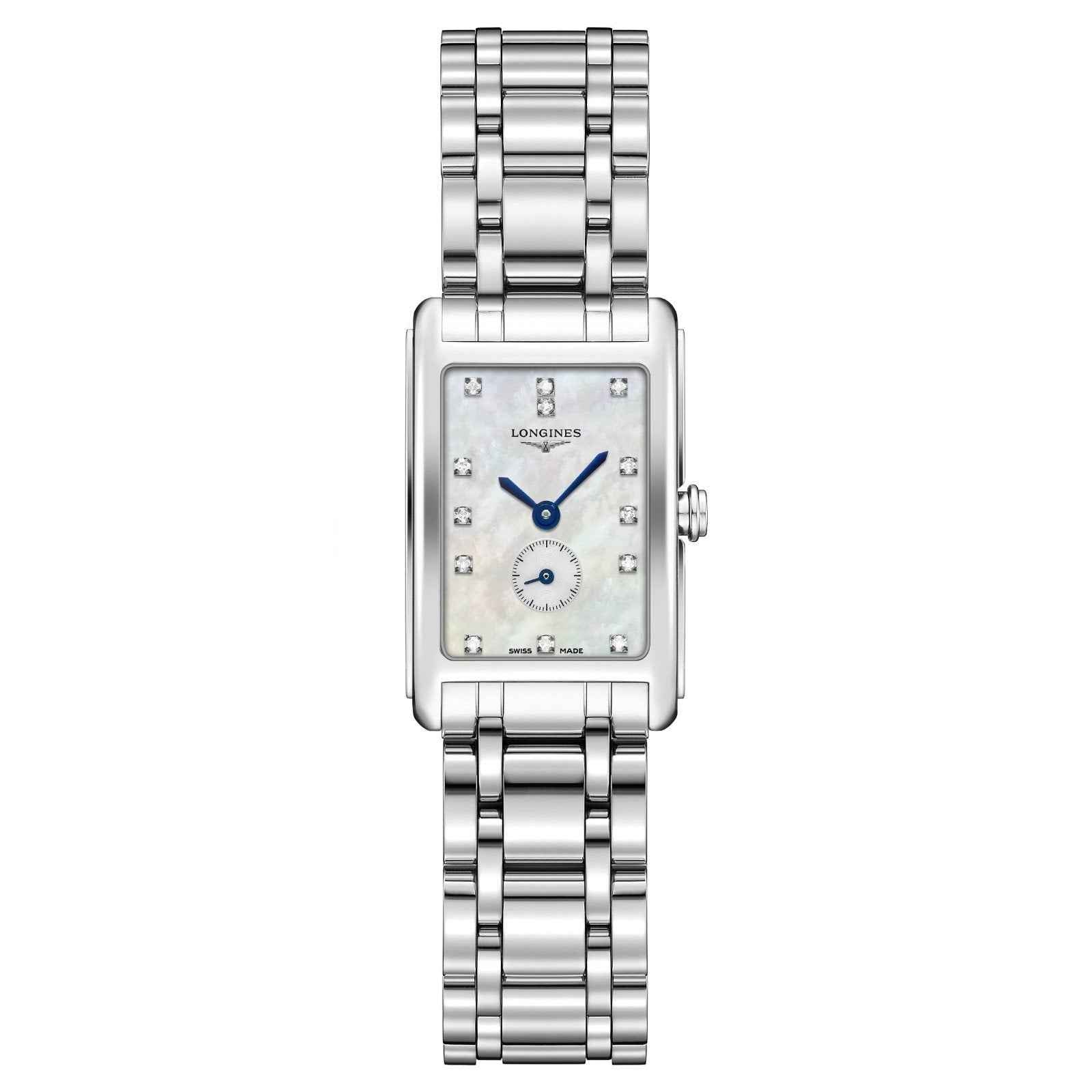 Orologio Longines con cinturino in acciaio e quadrante madreperla rettangolare con diamanti