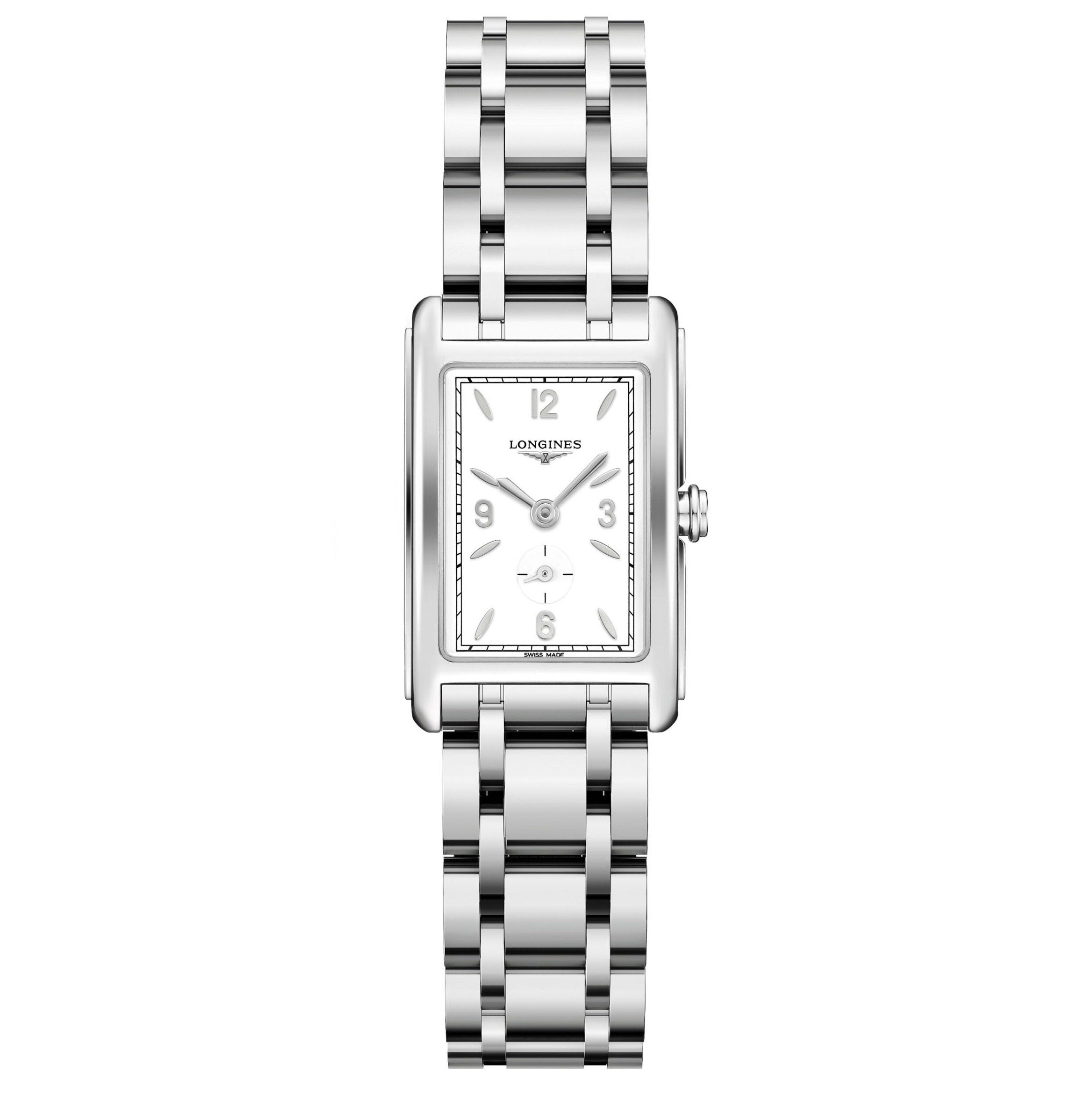 Orologio da polso Longines DolceVita con quadrante bianco e cassa rettangolare in acciaio