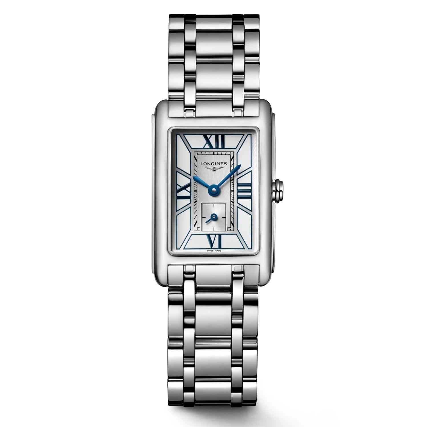 Orologio Longines DolceVita rettangolare in acciaio con quadrante blu e bracciale maglia
