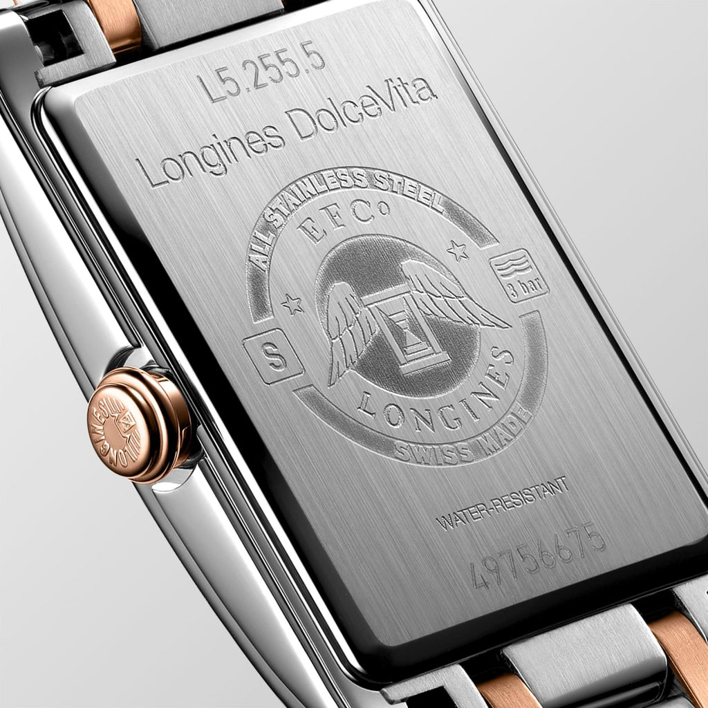 Orologio Longines DolceVita con quadrante bianco e acciaio, dettagli rosé