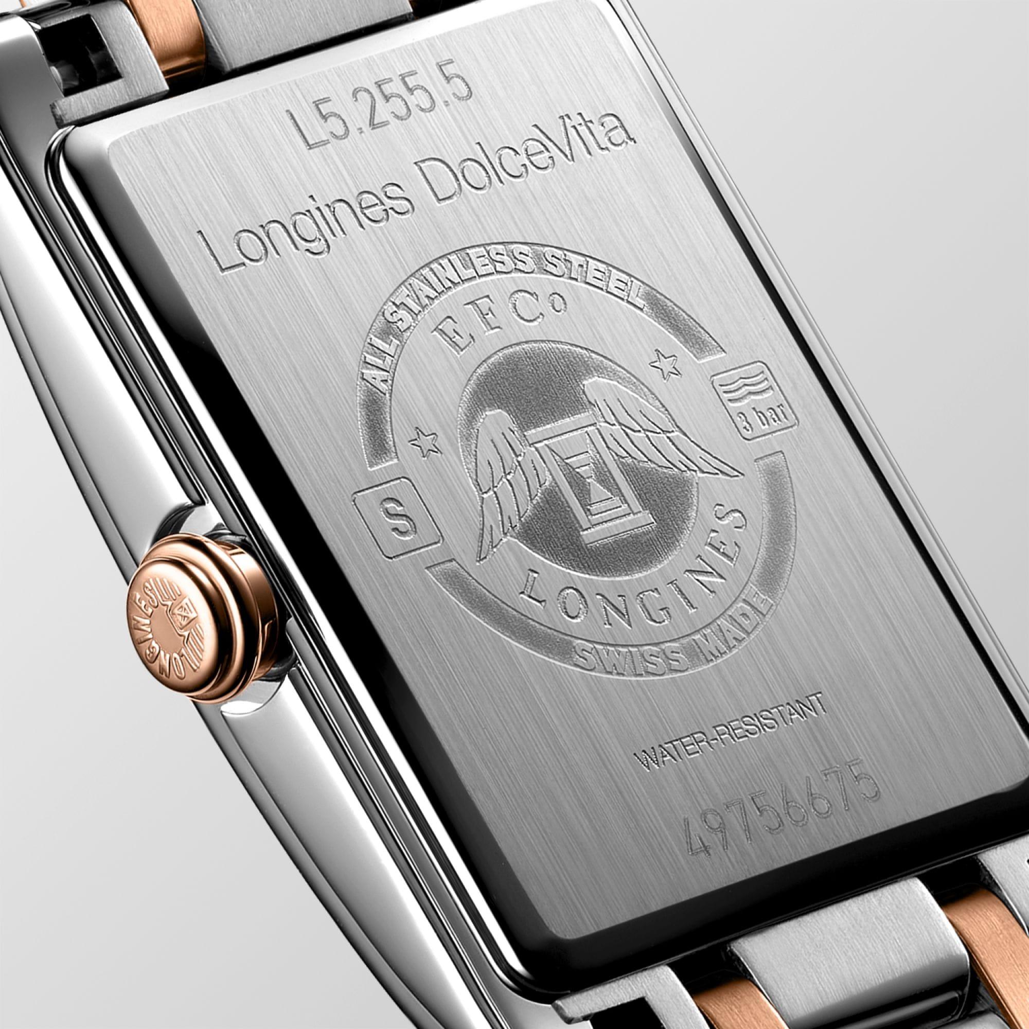 Orologio Longines DolceVita con quadrante bianco e acciaio, dettagli rosé