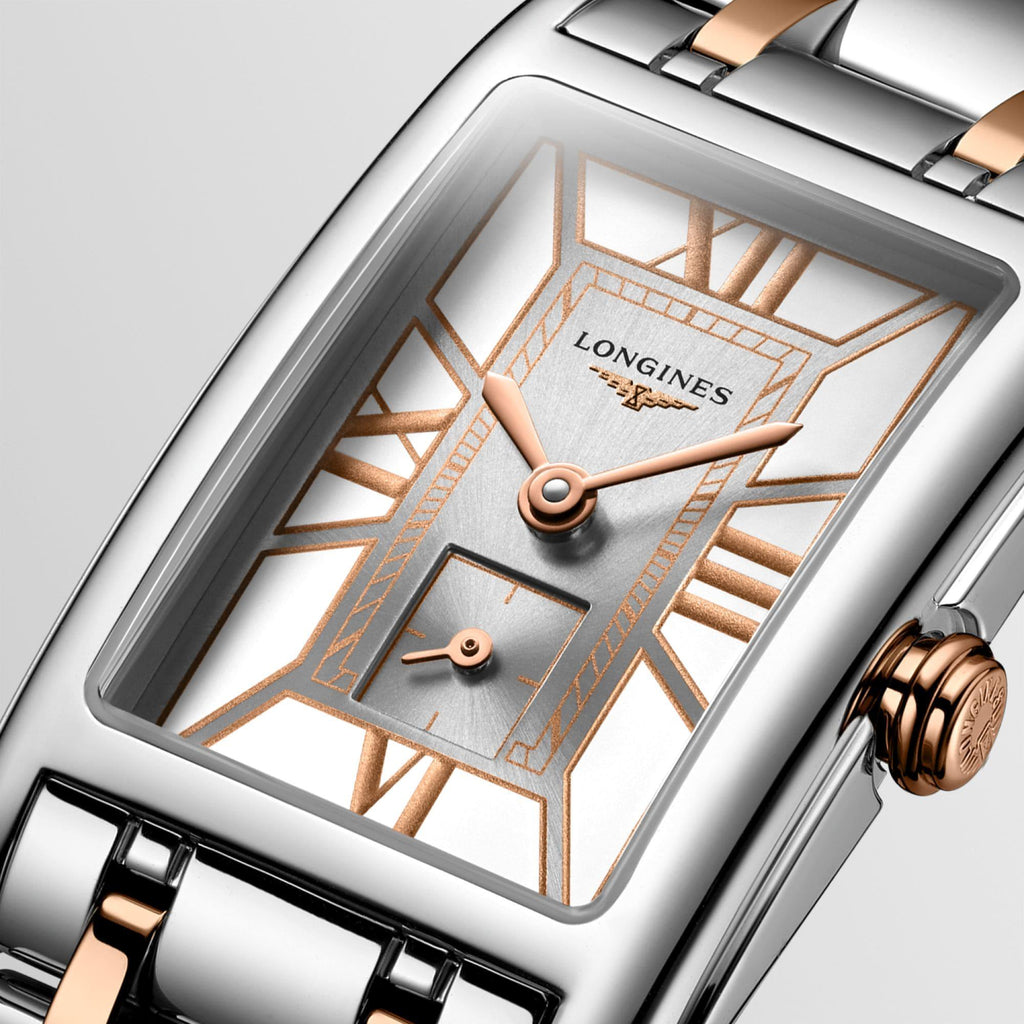 Orologio Longines DolceVita con quadrante a vista, acciaio e inserti rosé