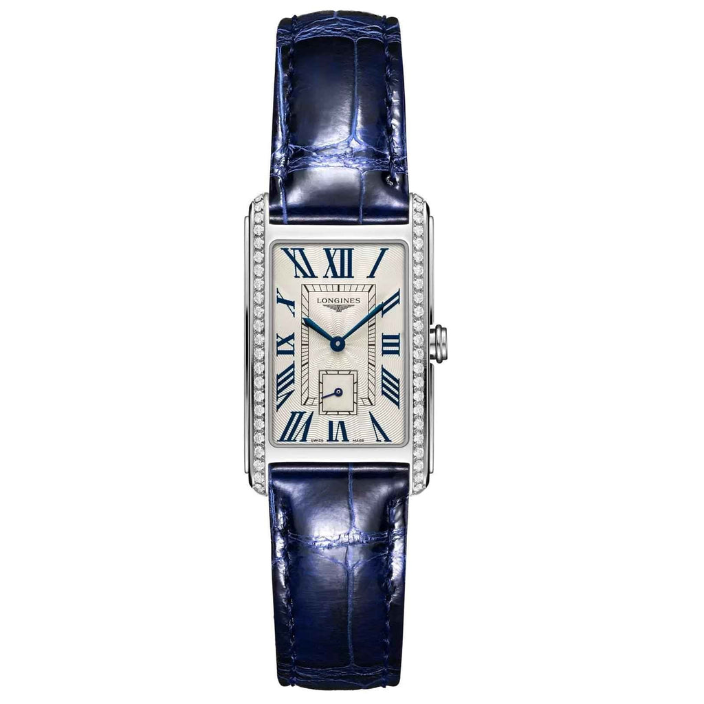 Orologio Longines DolceVita con quadrante bianco, numeri romani e cinturino blu