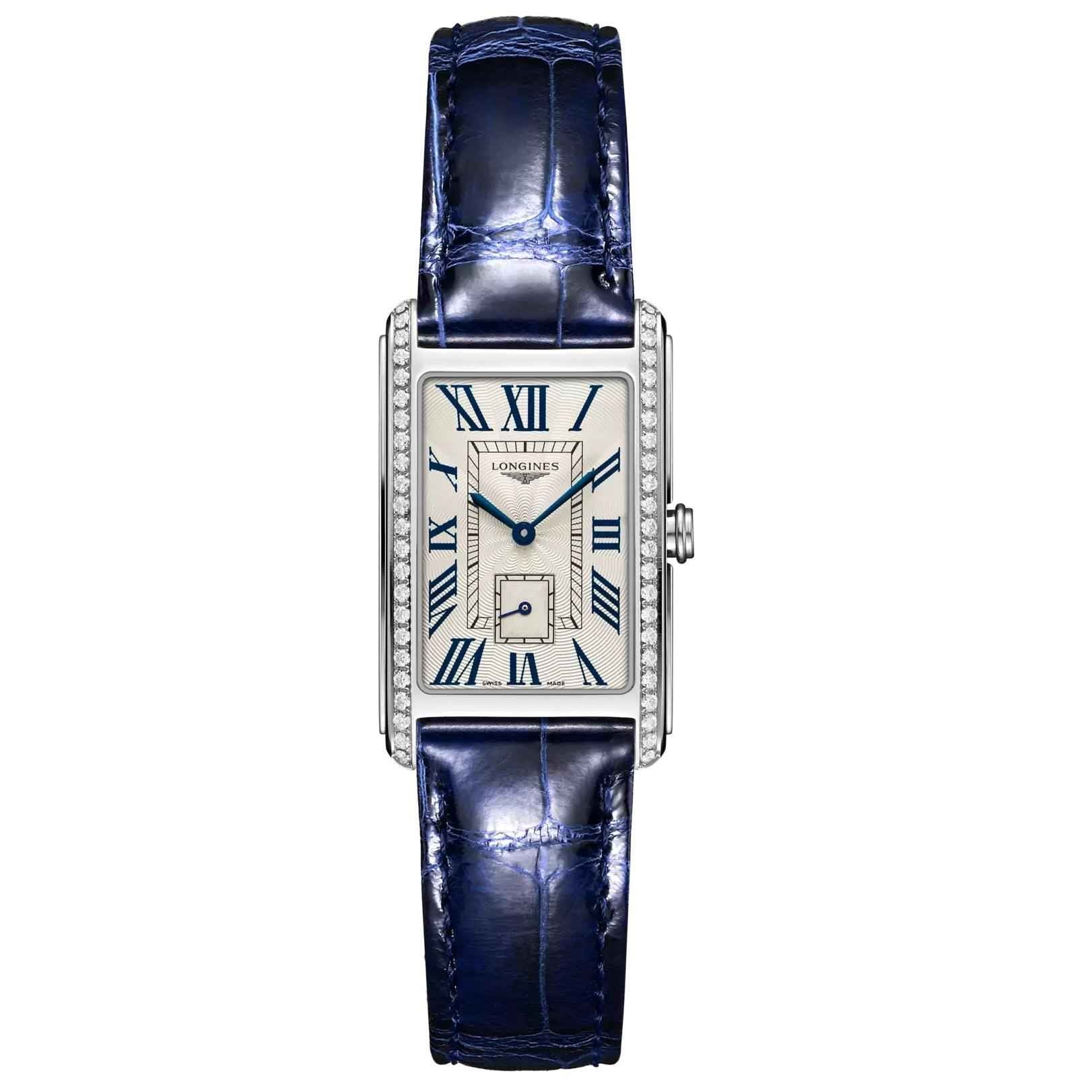 Orologio Longines DolceVita con quadrante bianco, numeri romani e cinturino blu