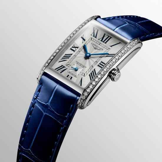 Orologio Longines DolceVita con quadrante bianco, lancette blu e cinturino blu