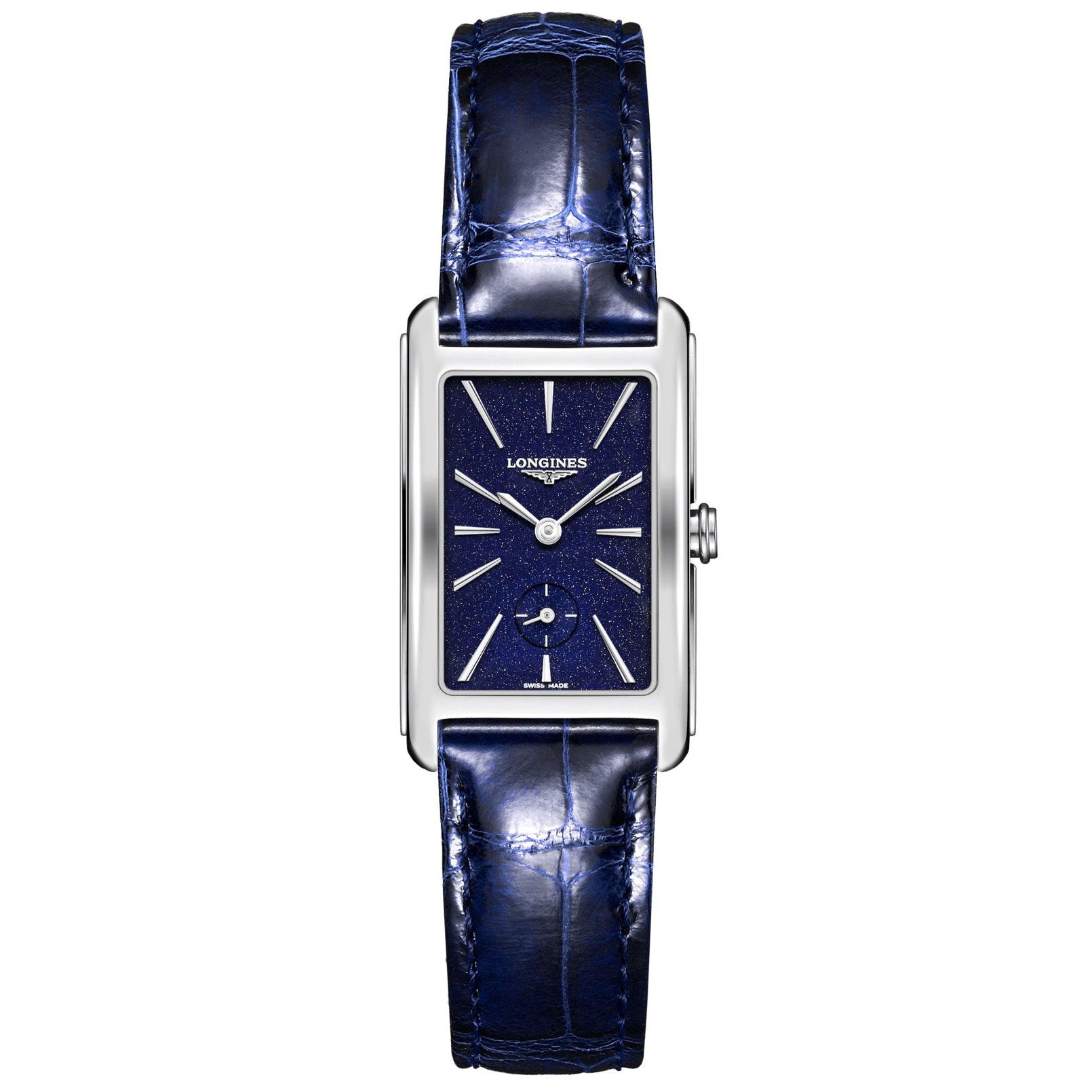 Orologio Longines DolceVita con cinturino in pelle blu e cassa rettangolare d’acciaio