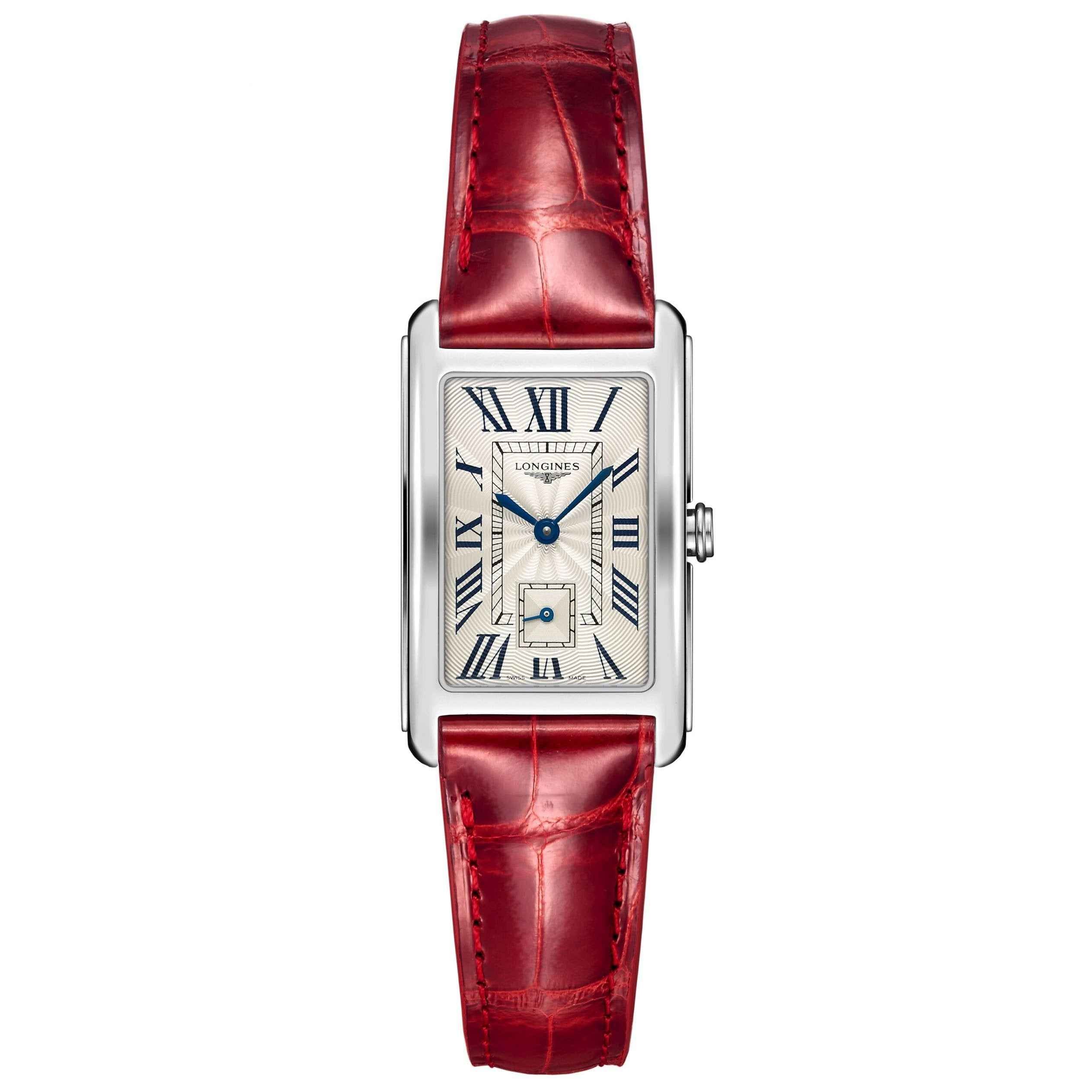 Orologio Longines DolceVita con cassa argento e cinturino in pelle rossa