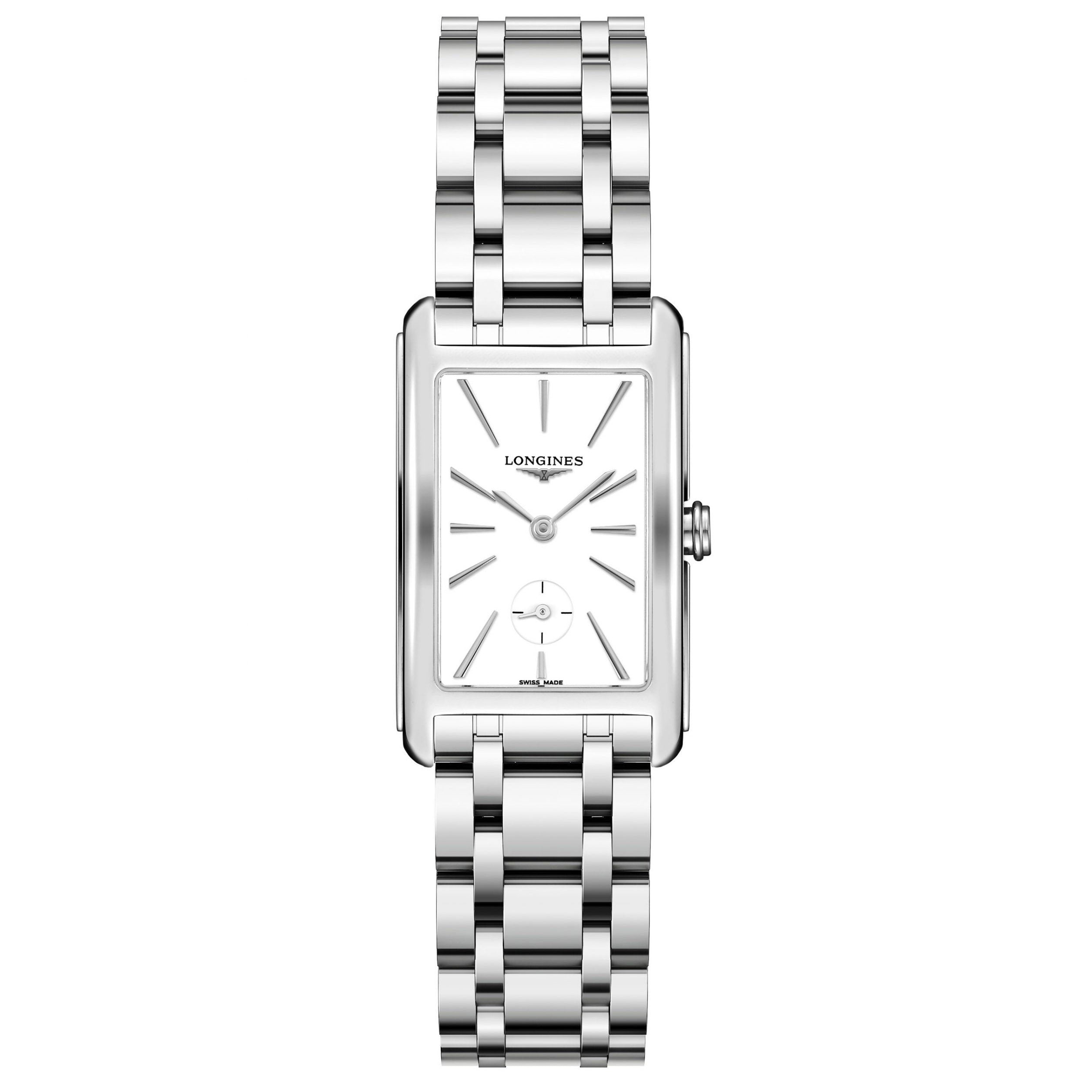 Orologio da polso Longines con quadrante bianco e cassa rettangolare in acciaio