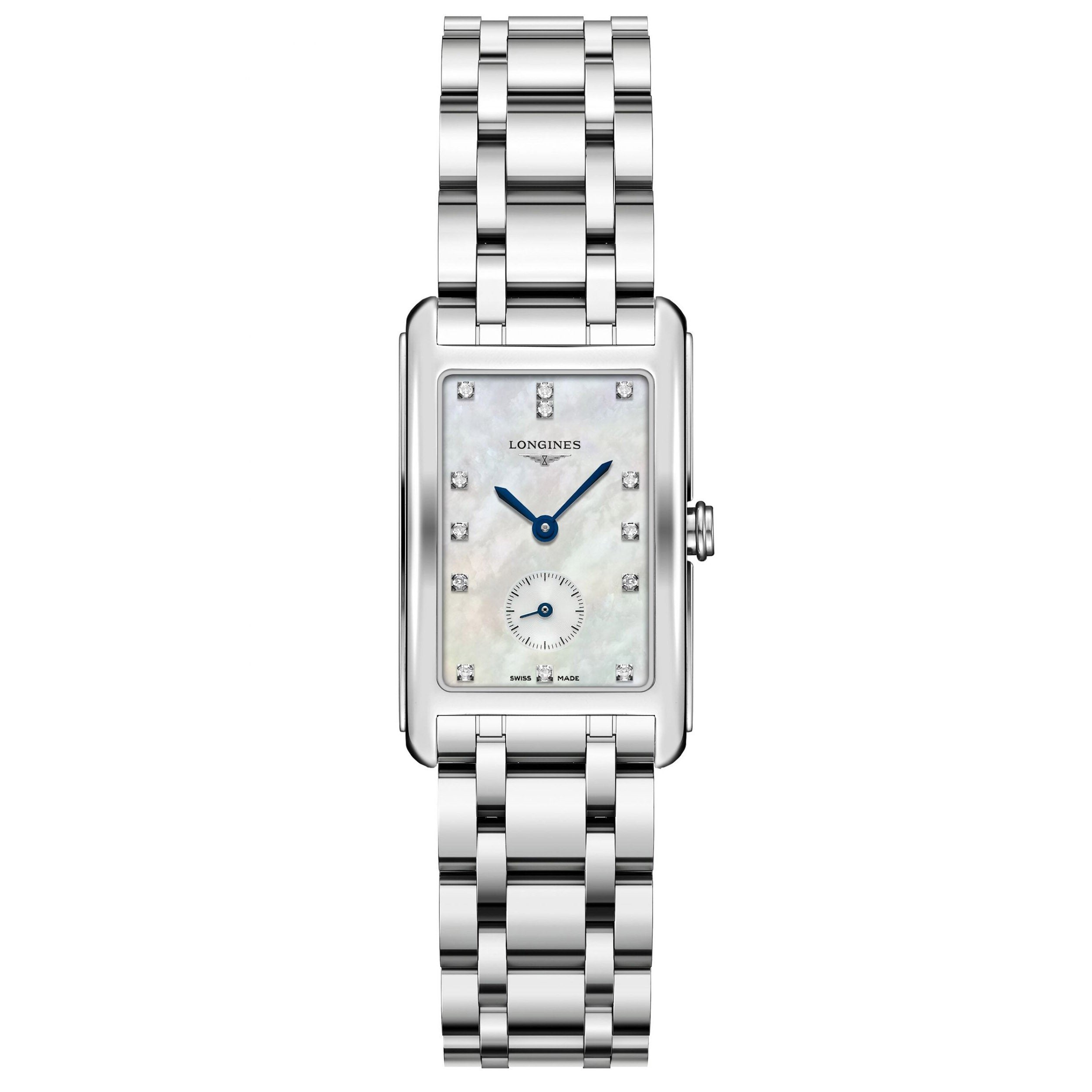 Orologio Longines DolceVita in acciaio con quadrante madreperla, diamanti e cinturino maglie
