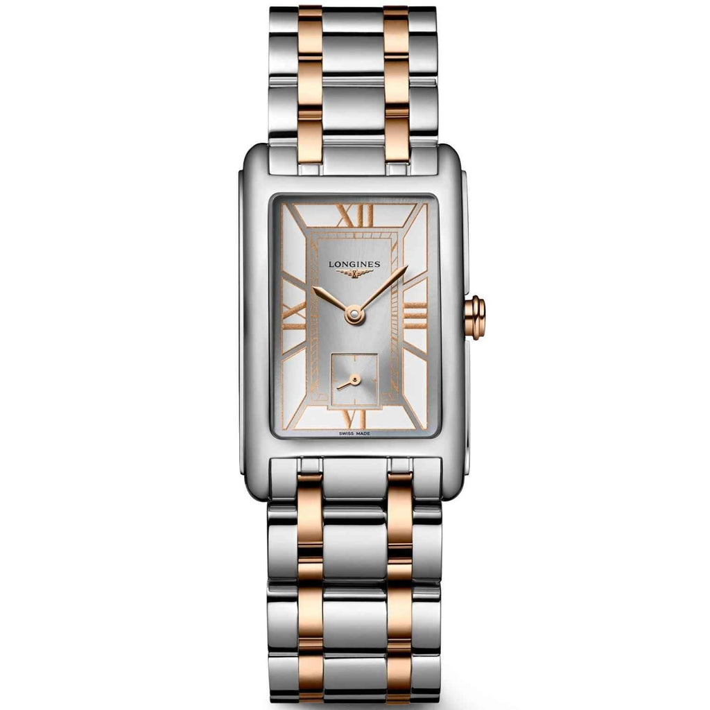 Orologio rettangolare frontale: quadrante chiaro, numeri romani oro rosa, bracciale bicolore