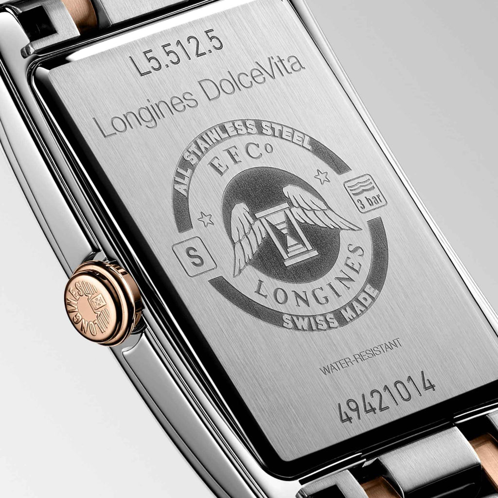 Retro orologio rettangolare con incisione Longines, Swiss Made e indicazione 3 bar
