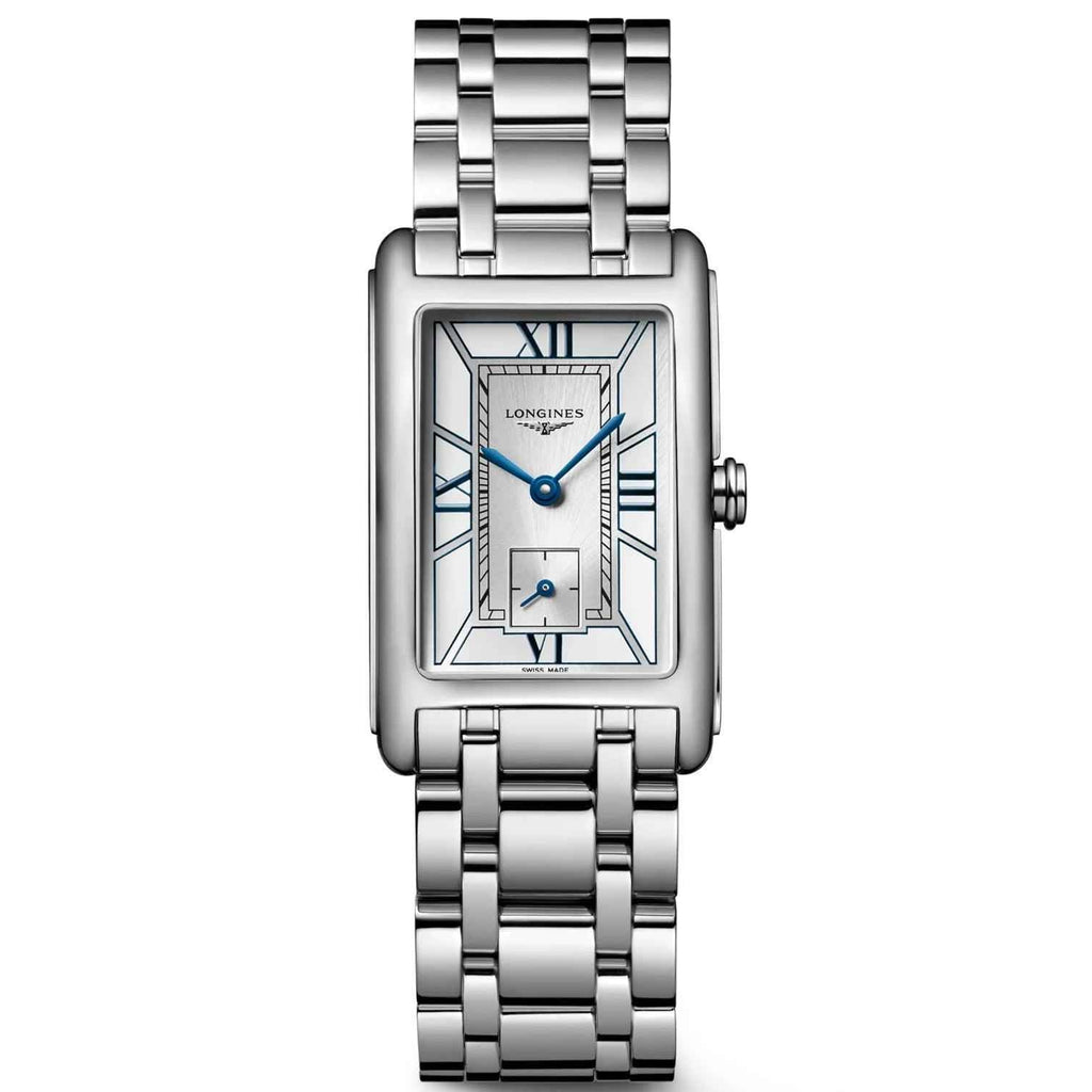 Orologio da polso con quadrante bianco e cinturino in acciaio rettangolare