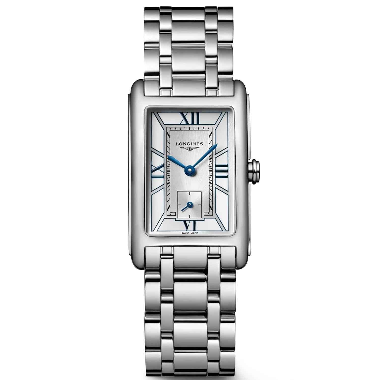 Orologio da polso con quadrante bianco e cinturino in acciaio rettangolare